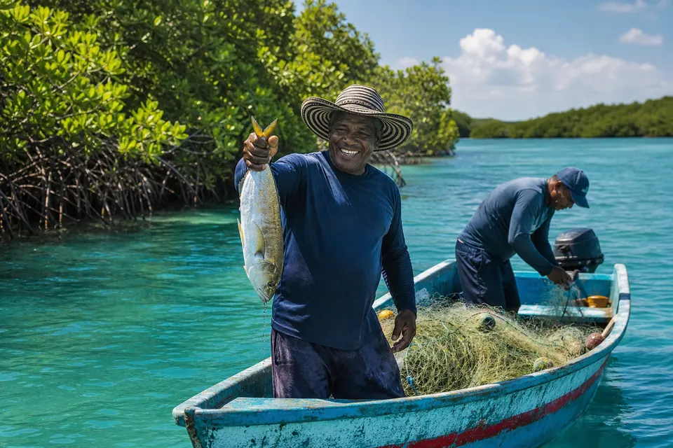 Pescadores artesanales colombianos trabajando responsablemente en un ecosistema costero